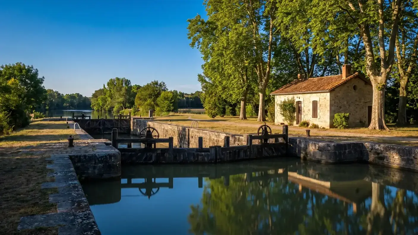 Une écluse en pierre du canal de Garonne en Gironde, sas maçonné, portes de bois et maison éclusière à toit de tuiles