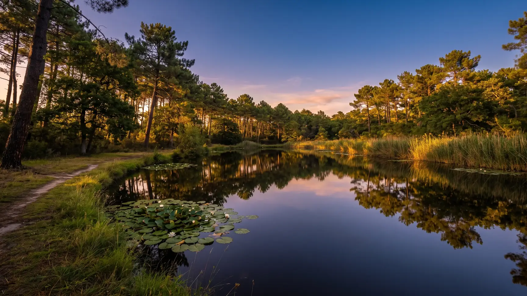 Un étang forestier paisible aux nénuphars, bordé de roseaux, chênes et pins, eau sombre reflétant le ciel doré
