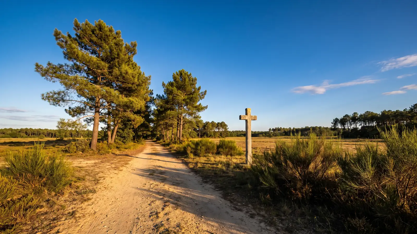 Une piste sablonneuse bordée de pins et de genêts, une petite croix de pierre nue au bord du chemin, lumière dorée