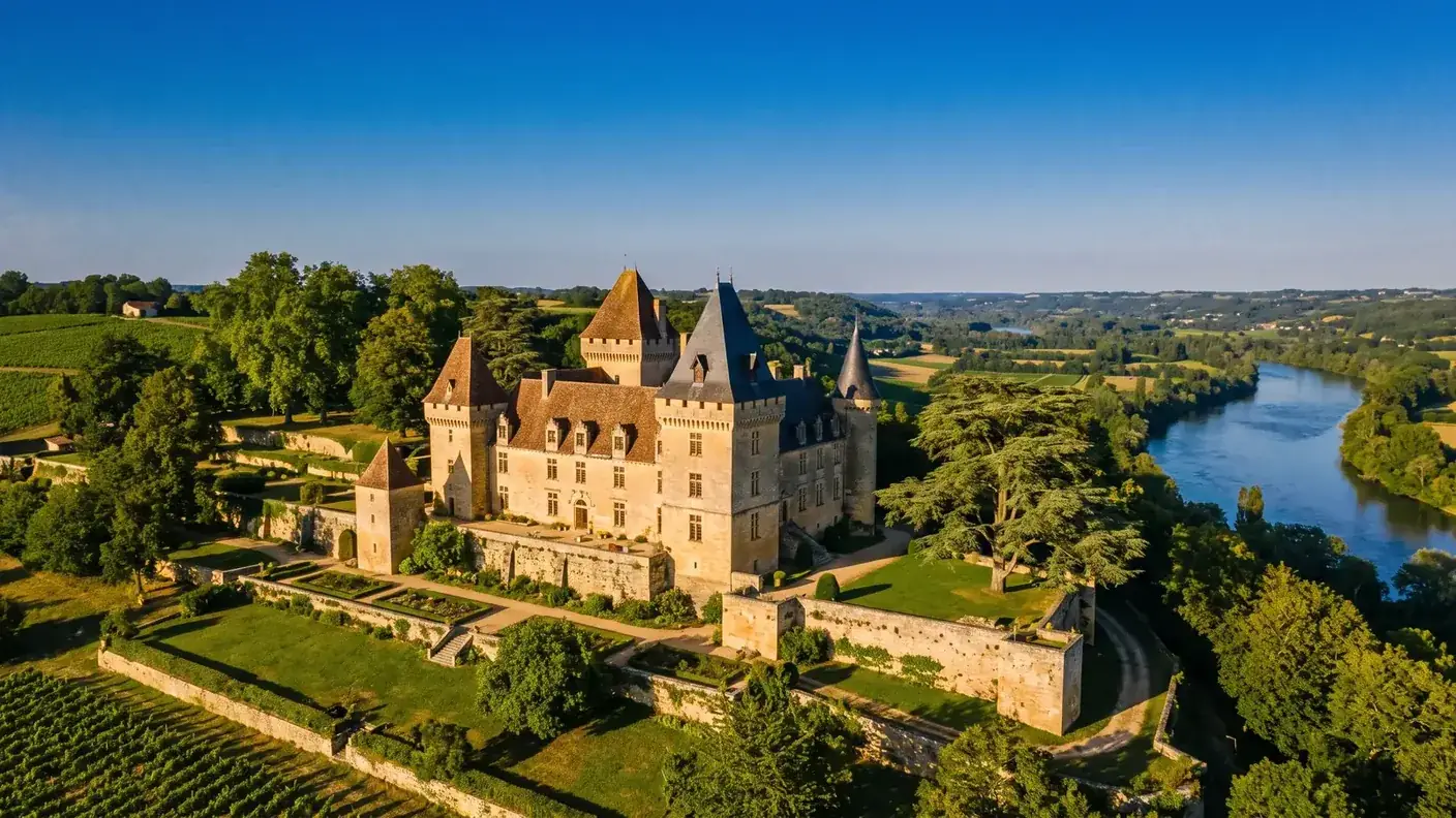 Un château de pierre dominant la vallée de la Garonne en Gironde, tours de calcaire clair et toits de tuiles