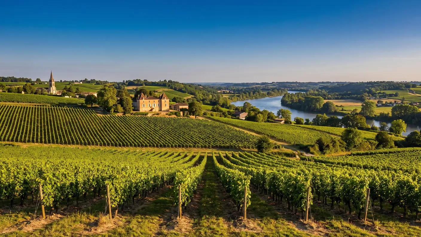Des vignes de Bordeaux sur des pentes douces au-dessus de la vallée de la Garonne en Gironde, en fin d'été