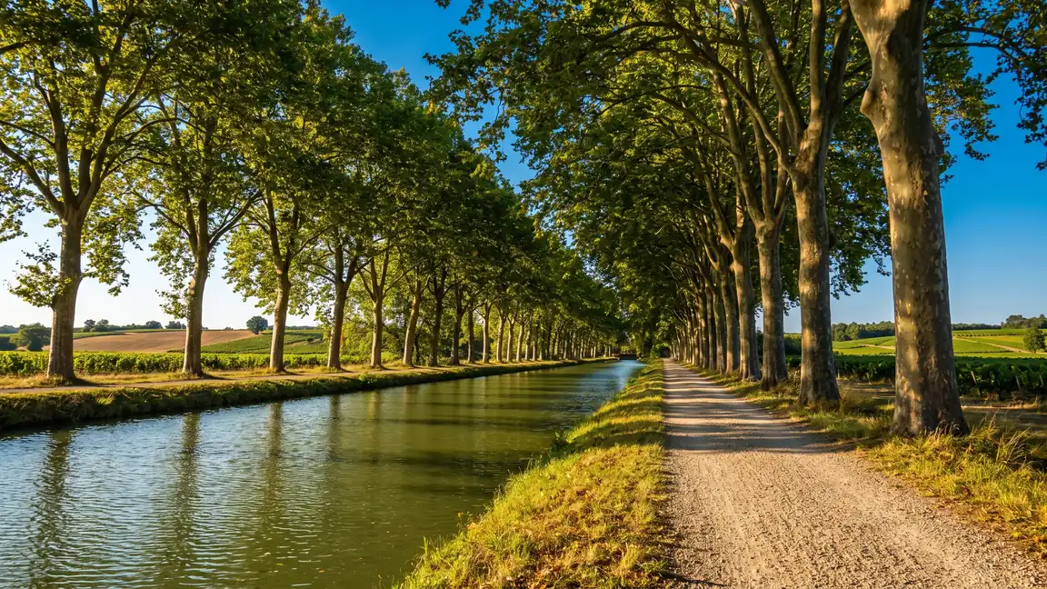 Le chemin de halage du canal de Garonne sous une double rangée de platanes en Gironde, lumière dorée sur le gravier