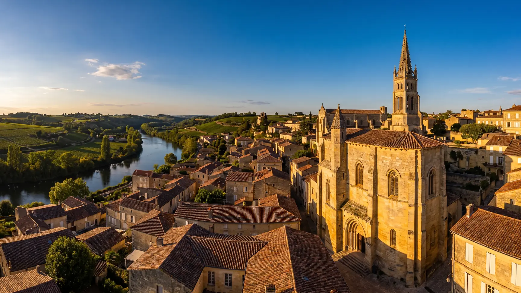 Une église en pierre dorée au clocher élancé dominant les toits d'une petite ville de la vallée de la Dordogne, en Gironde