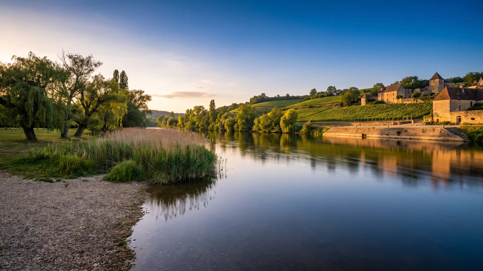 Une berge tranquille de la Dordogne bordée de roseaux et de saules, un quai de pierre et des coteaux de vignes, en Gironde