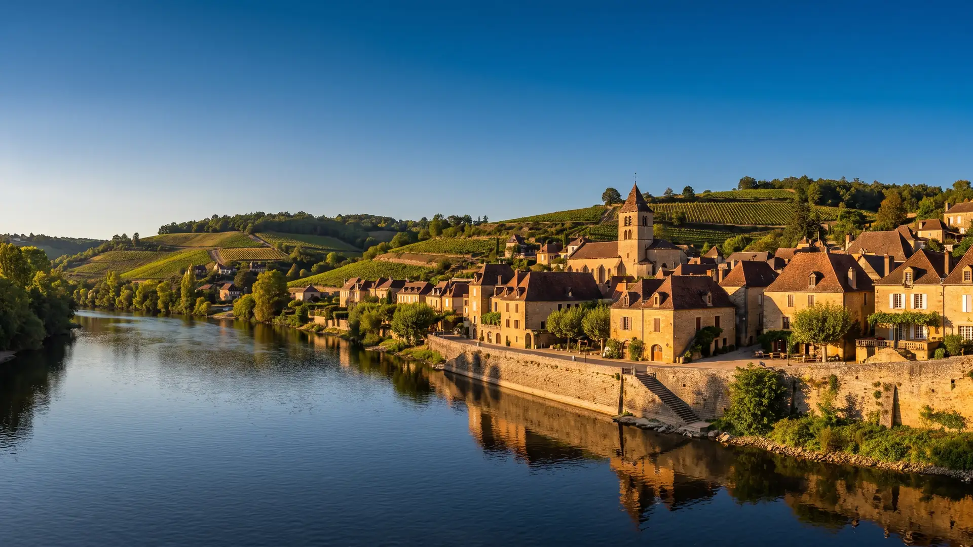 Un petit village de pierre dorée au bord de la Dordogne, toits de tuiles et clocher dominant un quai et la rivière