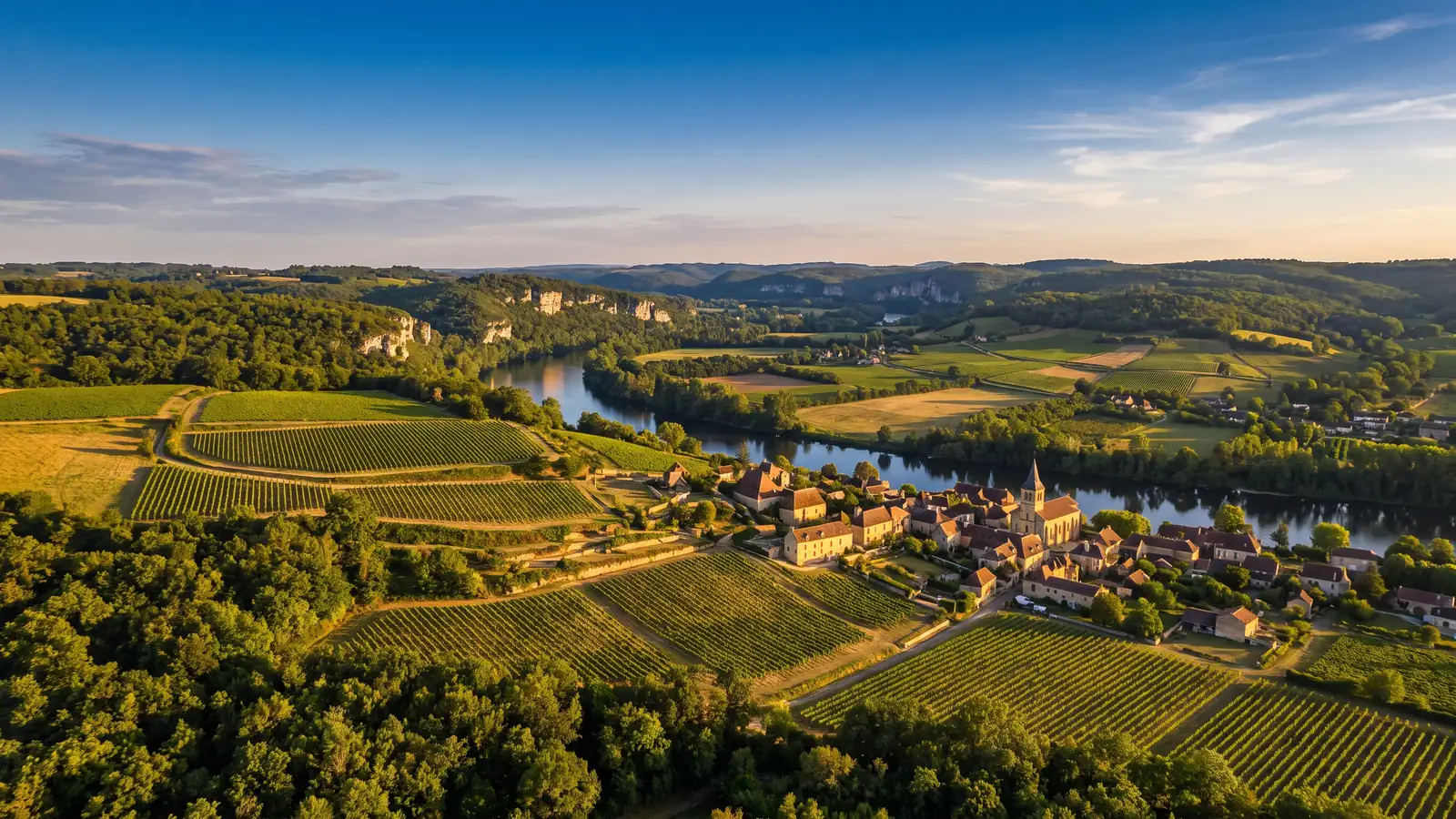 Un panorama de la vallée de la Dordogne et des vignes de Castillon, une rivière sinueuse et un village de pierre, en Gironde