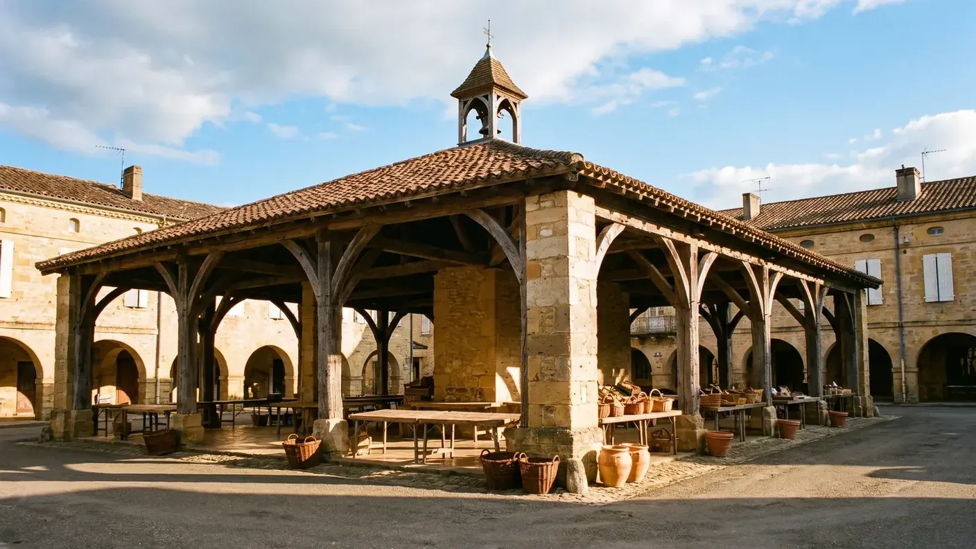 La halle couverte de Castillonnès, charpente de bois et toit de tuiles surmonté d'un clocheton, sur la place à arcades