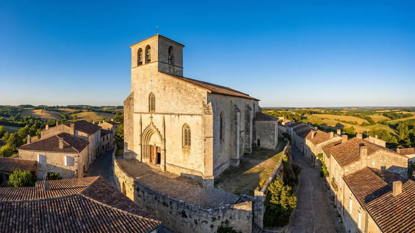 L'église Saint-Pierre de Castillonnès, édifice de pierre claire à clocher carré au-dessus des toits de tuiles de la bastide