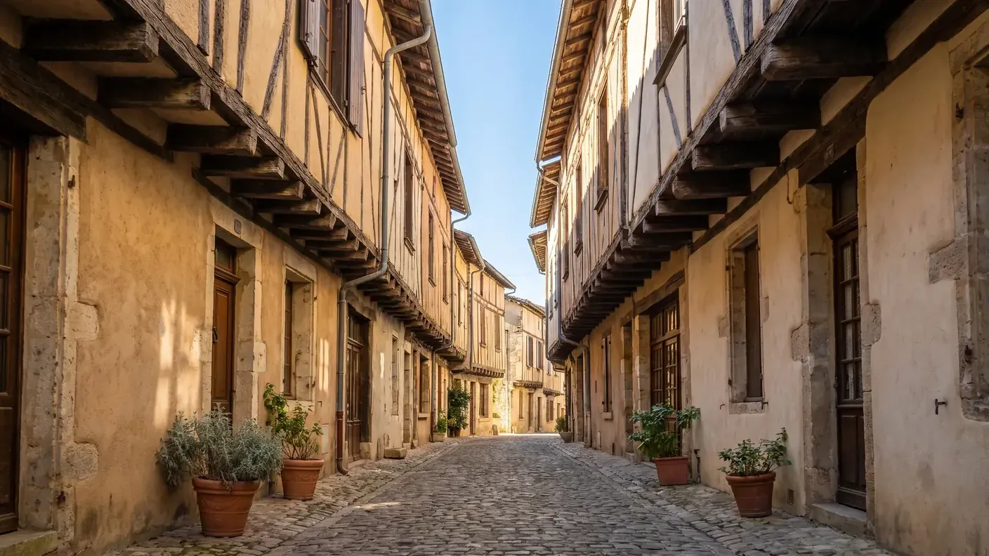 Ruelle médiévale de maisons à colombages à Castillonnès, étages en encorbellement et pans de bois
