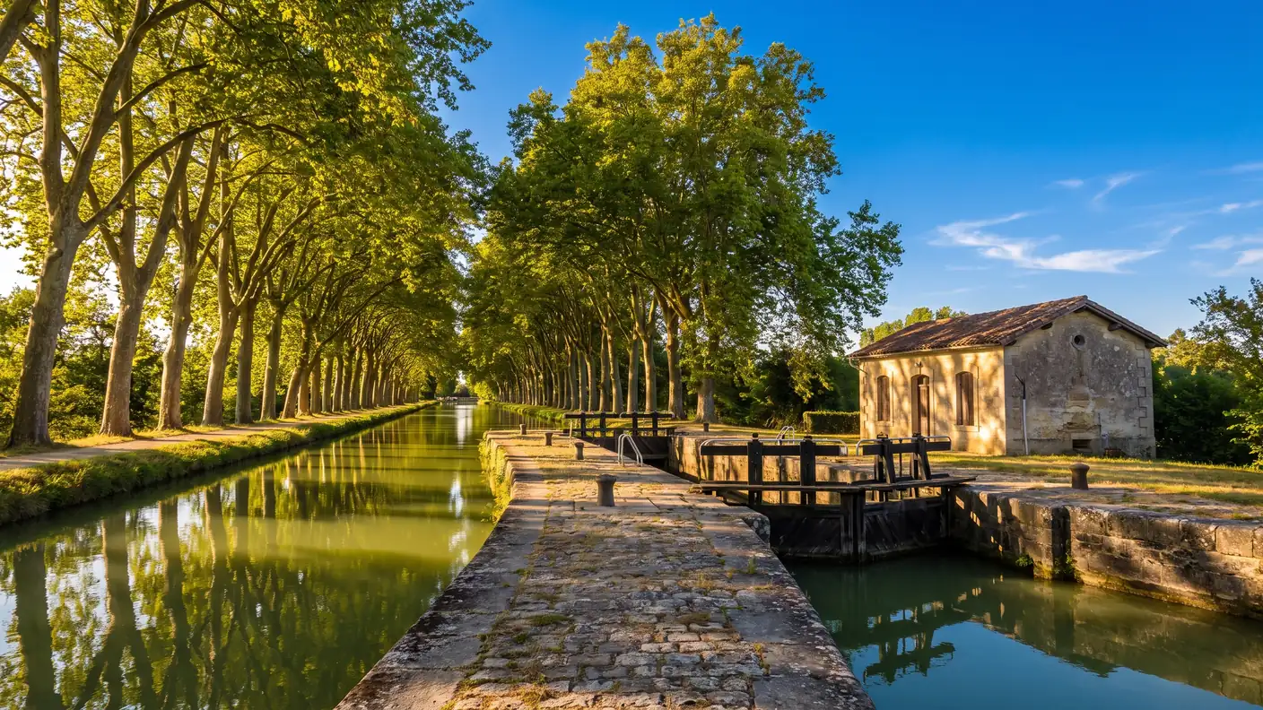 Le canal latéral à la Garonne bordé de platanes en Gironde à l'heure dorée, eau immobile et une écluse de pierre
