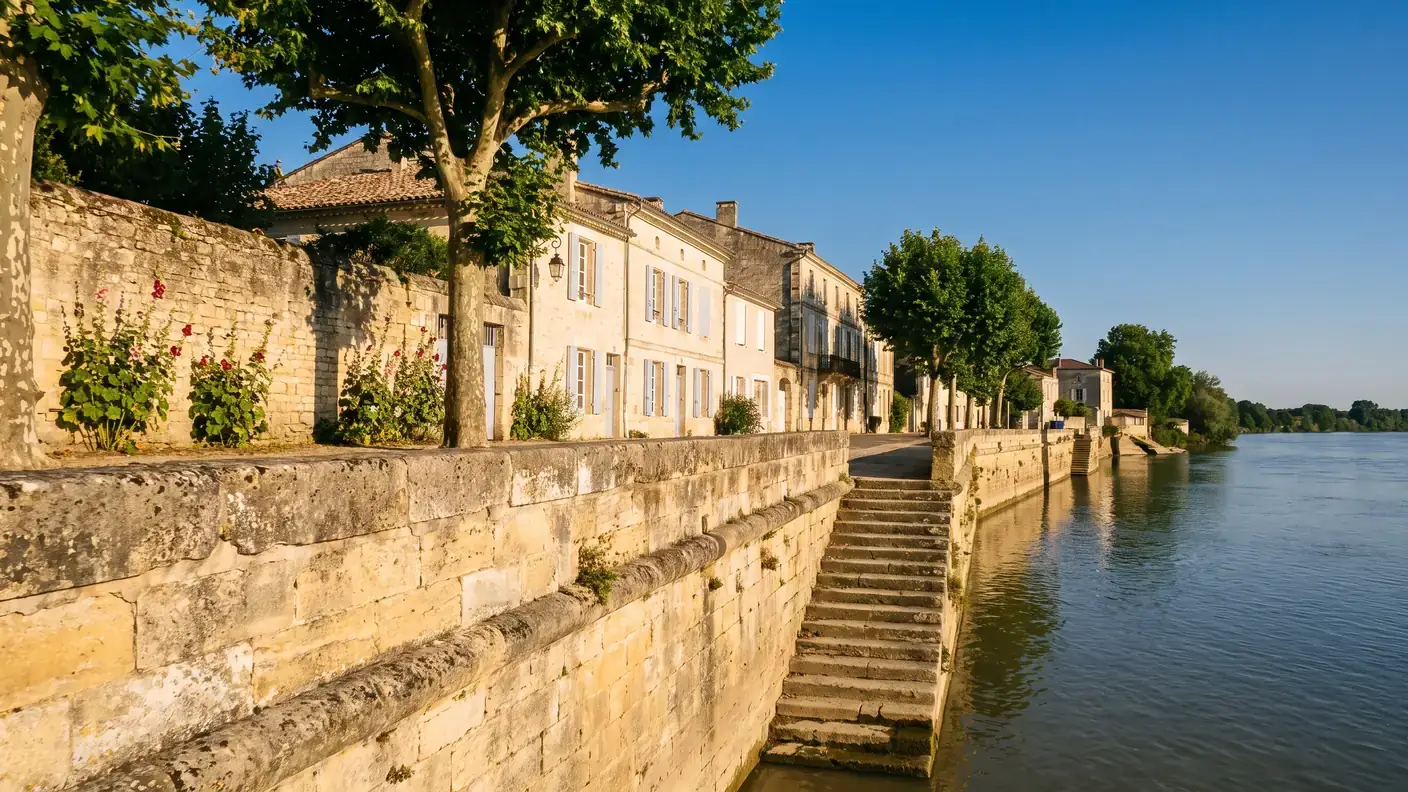 Un ancien quai de pierre d'un port fluvial sur la Garonne en Gironde, mur de calcaire clair et marches vers l'eau
