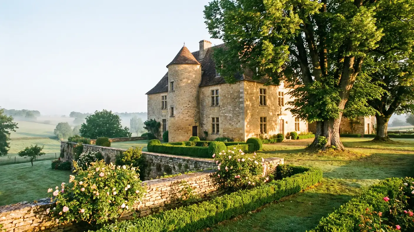 Manoir périgourdin de pierre dorée à Celles, tourelle d'escalier, fenêtres à meneaux et jardin clos de murs bas aux rosiers