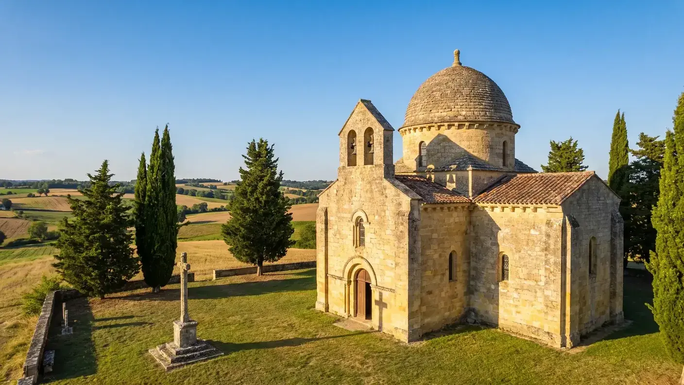 Église romane à coupole du Ribéracois dans la campagne périgourdine