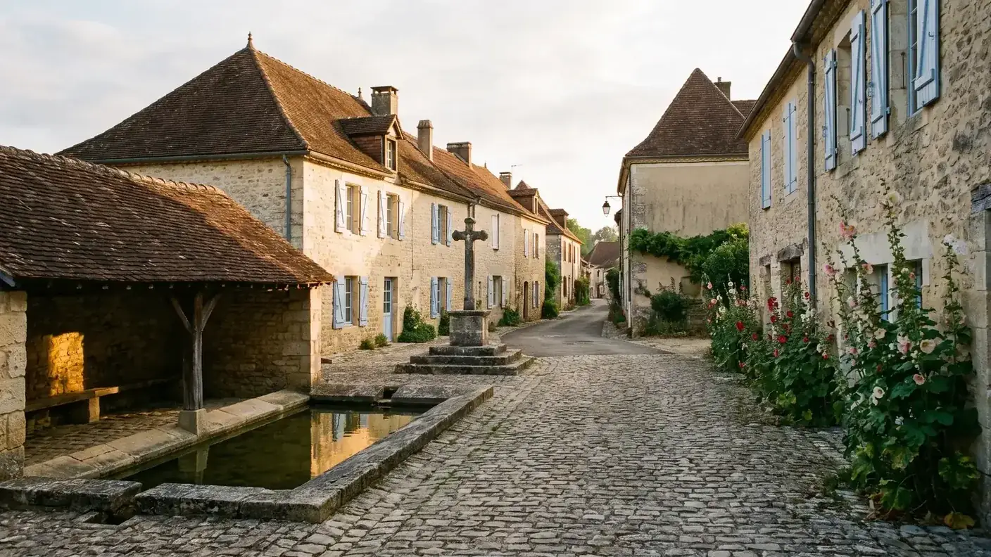 Ruelle du Périgord vert avec maisons de pierre, lavoir et roses trémières