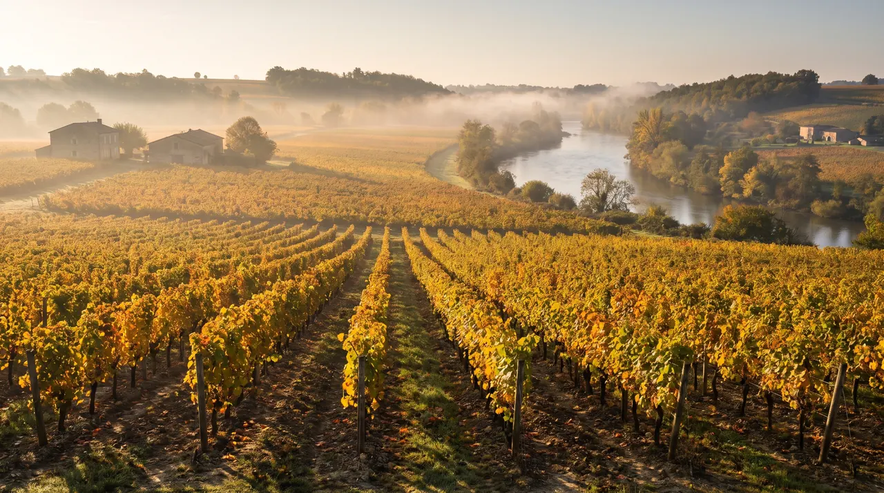Vignes dorées d'automne sous une brume matinale près de la Garonne à Cérons, feuilles ambrées, rosée et lumière basse