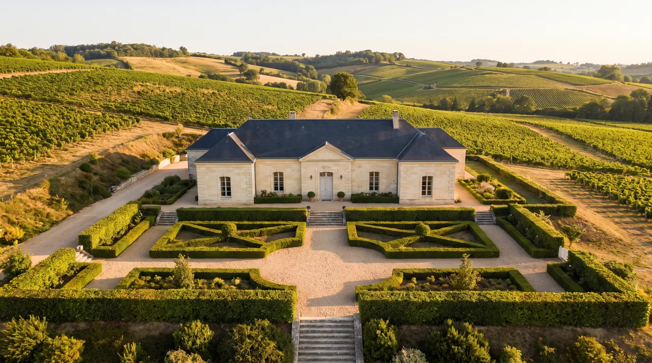 Élégante chartreuse de plain-pied en pierre claire à toit d'ardoise et jardins, entourée de vignes à Cérons