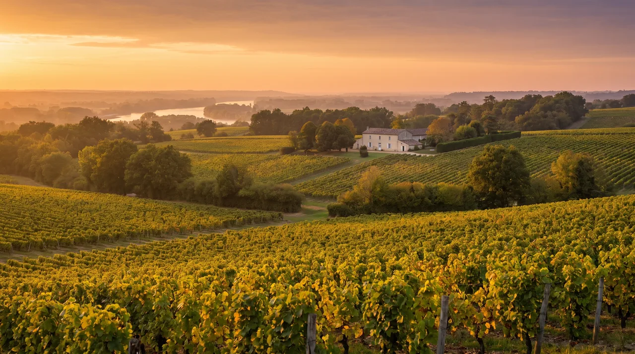 Campagne des Graves près de Cérons au coucher du soleil, vignes, haies et une ferme de pierre au loin, lumière dorée