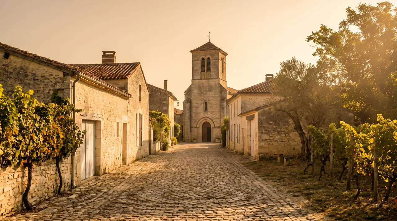 Ruelle tranquille d'un village de pierre des Graves près de Cérons, maisons claires à volets, clocher au fond