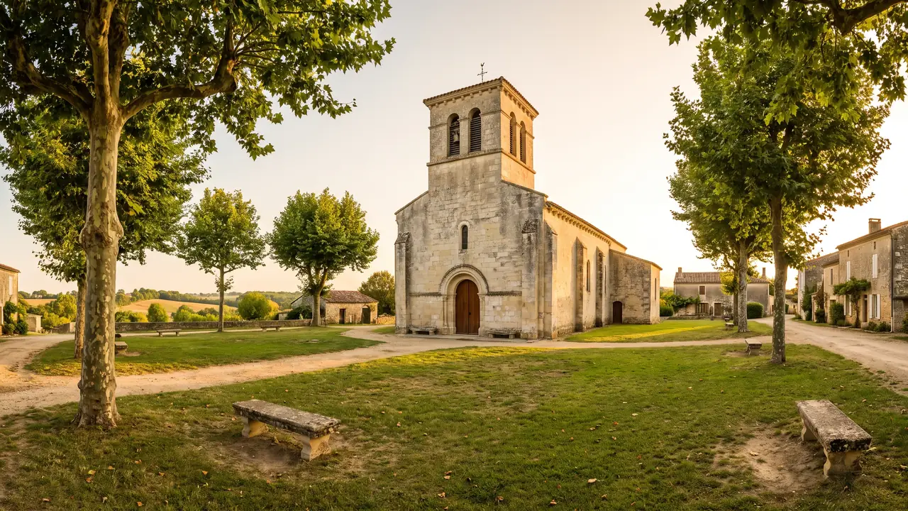 Église romane charentaise de pierre claire à Champniers, clocher octogonal et portail en plein cintre au bord d'une place