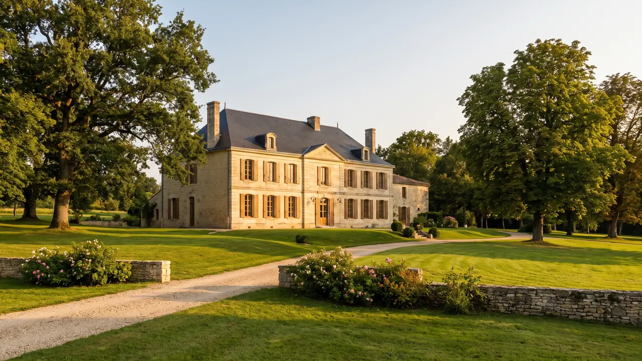 Élégant logis charentais de pierre dorée à hauts volets et toit d'ardoise, entouré de pelouses et de vieux arbres