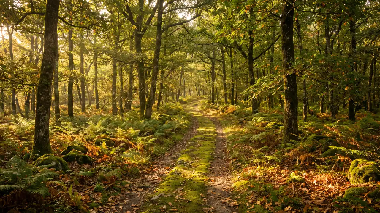 Sous-bois paisible de chênes et de châtaigniers en lumière chaude, tapis de fougères et sentier serpentant entre les troncs