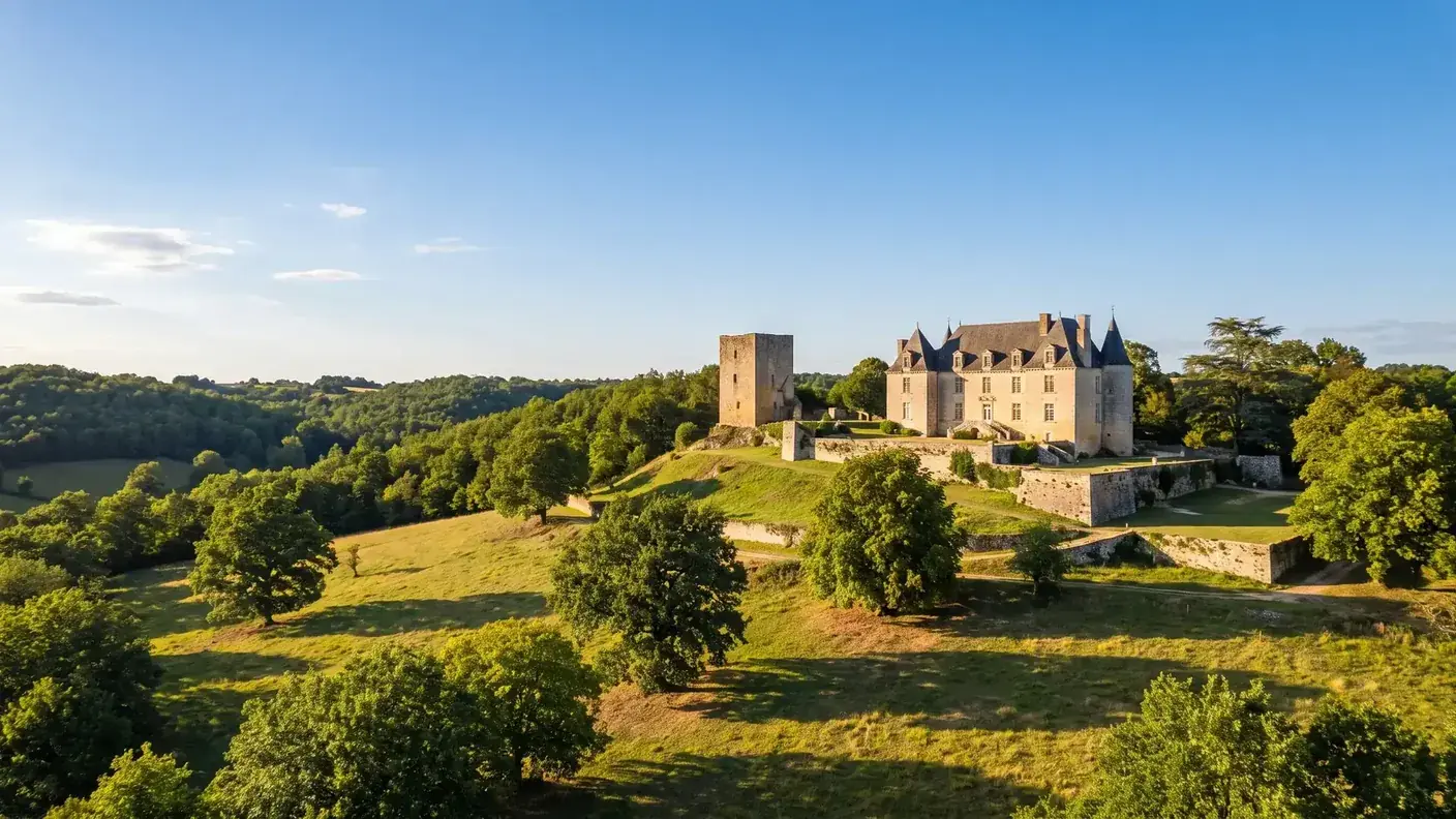 Château de Champniers en Dordogne, logis médiéval en pierre sur un ancien oppidum