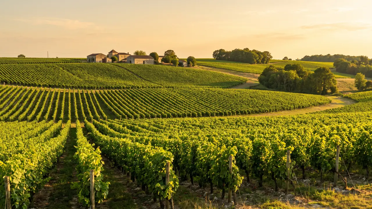 Rangs de vignes de cognac sur un coteau calcaire de Charente, feuillage vert vif sous une lumière chaude de fin de journée