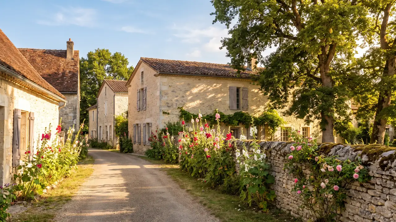Ruelle d'un vieux bourg charentais, maisons basses de pierre claire à volets et tuiles, mur de pierre et fleurs