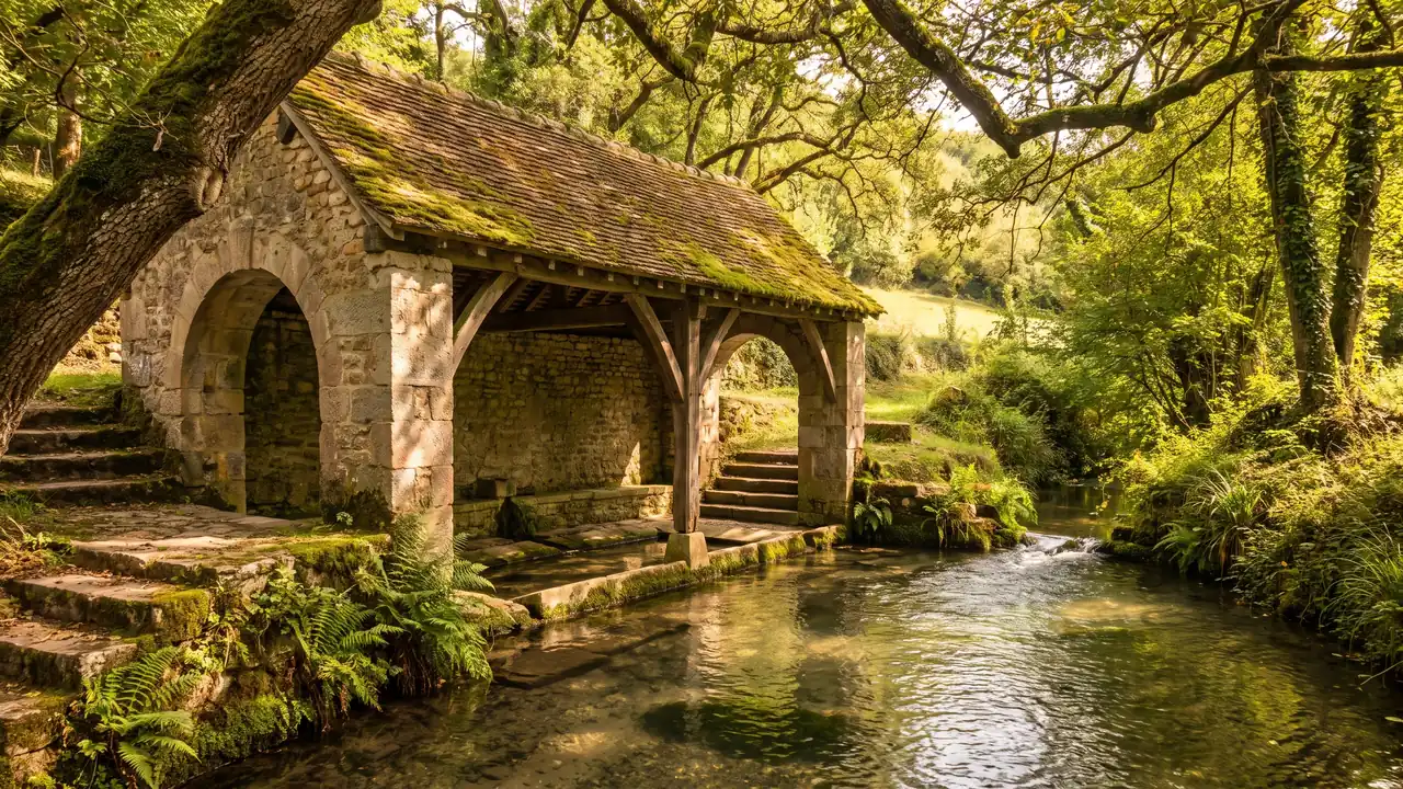 Ancien lavoir de pierre à toit de tuiles au-dessus d'un bassin d'eau claire alimenté par une source, verdure autour