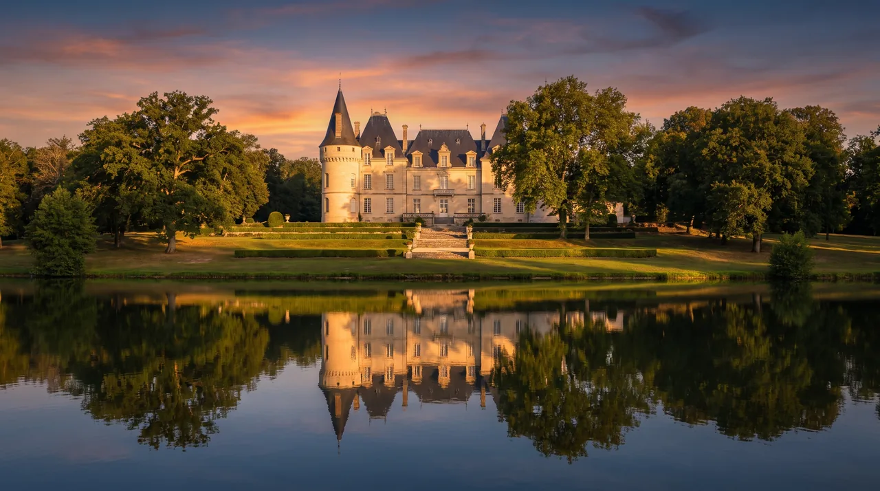 Ancien château girondin en pierre claire à tour devant un plan d'eau paisible dans un parc à Haux, reflets, lumière dorée