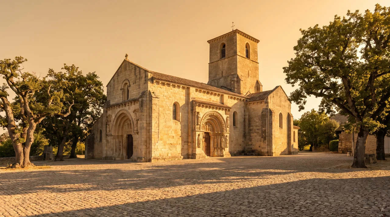Église romane en pierre claire à portail en arc richement sculpté et clocher carré à Haux, lumière chaude