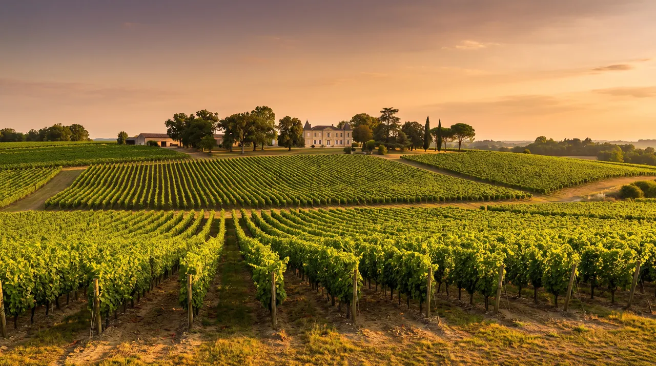 Rangs de vignes de Côtes de Bordeaux sur des coteaux doux près de Haux au soleil couchant, château de pierre au loin