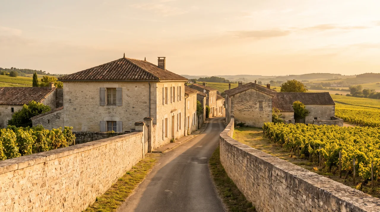 Ruelle tranquille d'un hameau de pierre près de Haux, maisons claires à volets au bord d'une vigne, lumière chaude