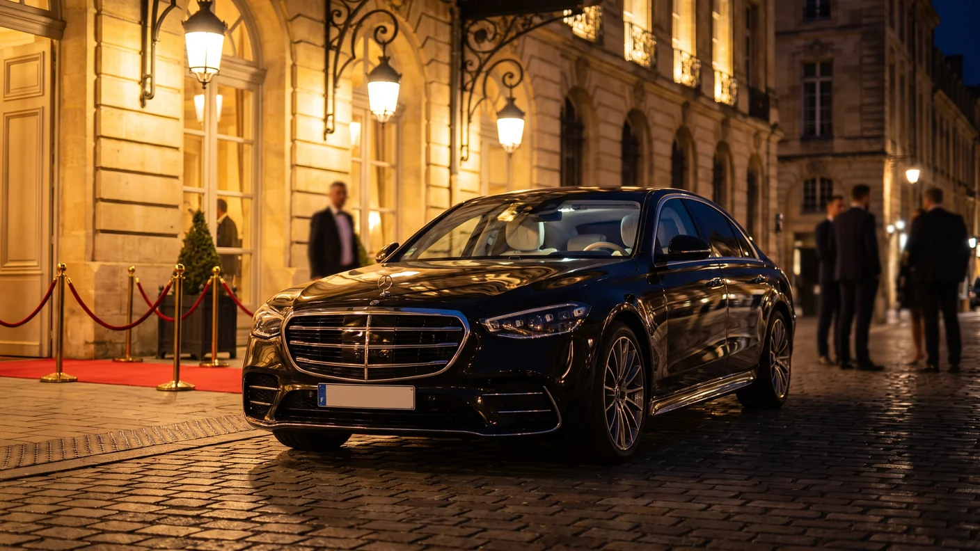 Berline noire avec chauffeur privé déposant des invités sur un tapis d'événement à Bordeaux
