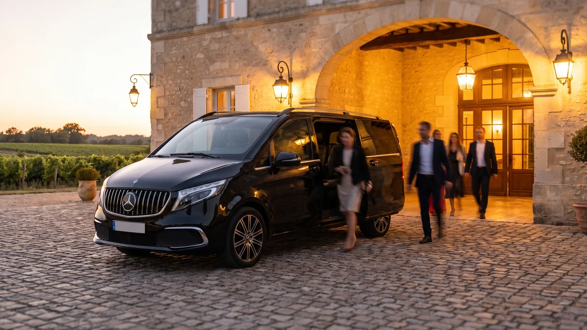 Van noir avec chauffeur déposant un groupe d'invités devant un lieu d'événement à Bordeaux
