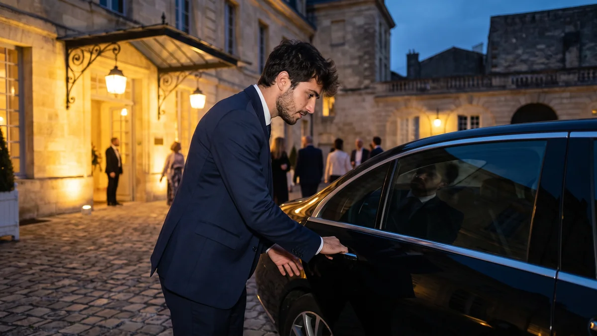 Chauffeur privé en costume attendant près de sa berline un soir d'événement à Bordeaux