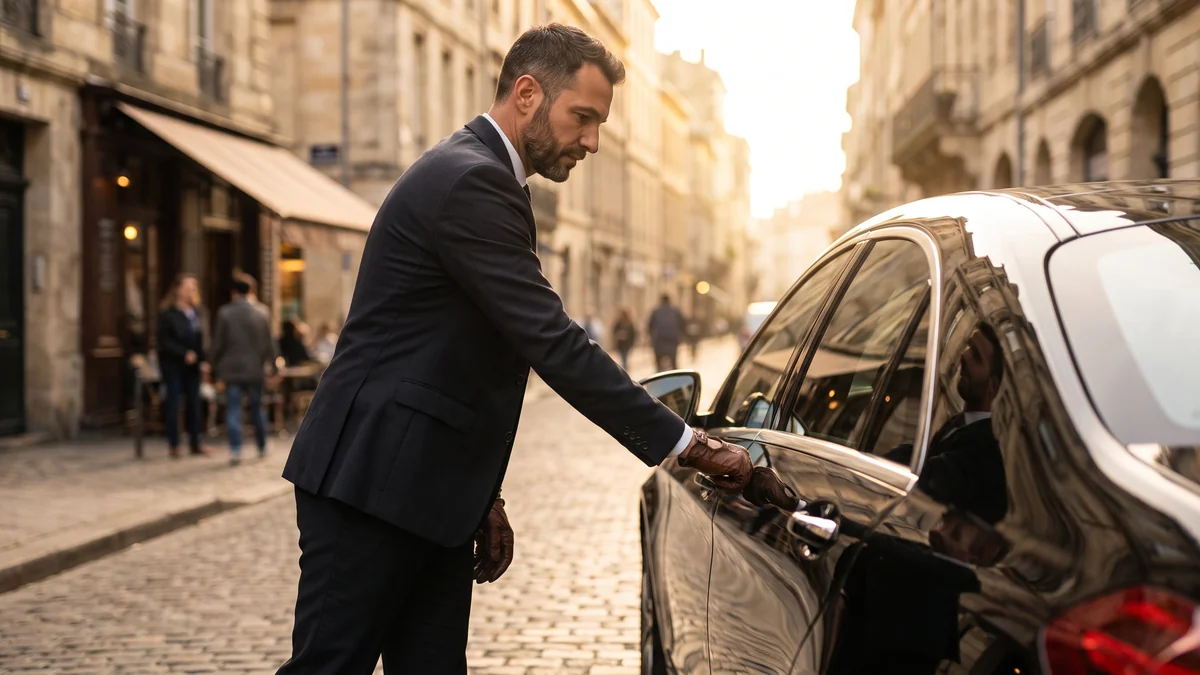 Chauffeur privé en gants blancs ouvrant la portière d'une berline à Bordeaux