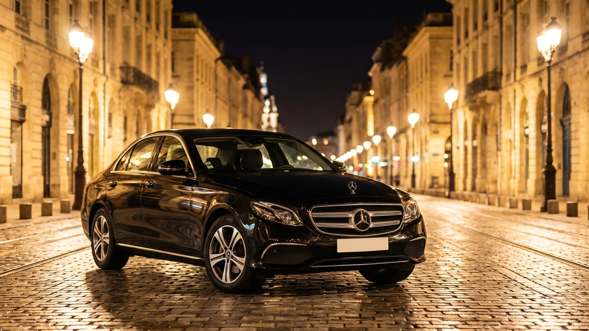 Berline Mercedes avec chauffeur privé la nuit sur les quais de Bordeaux