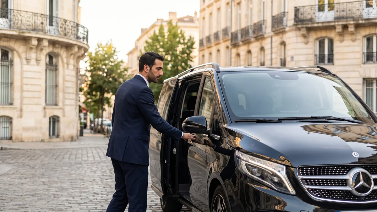 Chauffeur professionnel ouvrant la porte coulissante d'un van noir à Bordeaux