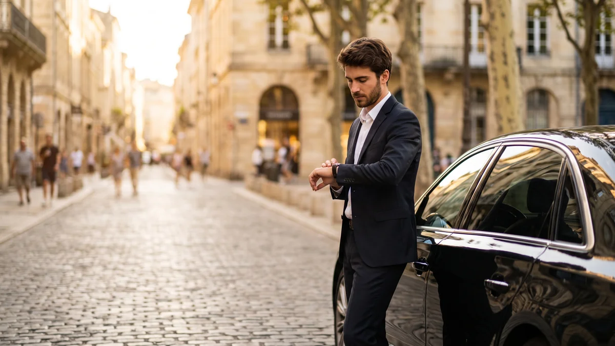 Chauffeur privé regardant sa montre en attendant son client à Bordeaux