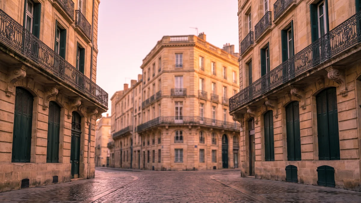 Rue pavée et façades en pierre dans le centre de Bordeaux au lever du jour