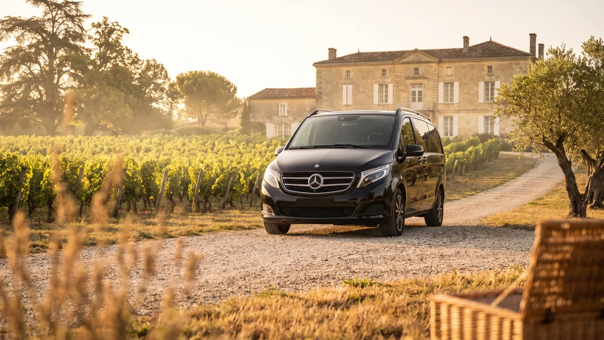 Van avec chauffeur devant un château viticole pour un wine tour à la journée près de Bordeaux