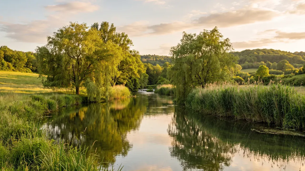 La Boutonne naissante, eau claire d'une petite rivière entre roseaux et saules dans un vallon verdoyant du Poitou