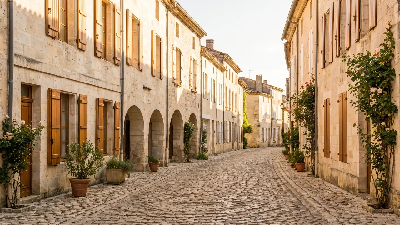 Ruelle ancienne de Chef-Boutonne, maisons de pierre claire à volets et bas arceaux, pavés et lumière douce