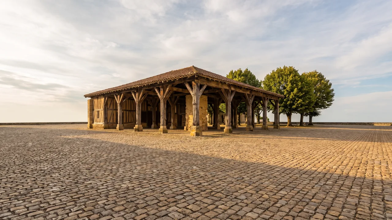 Ancienne halle de marché couverte en pierre et charpente de bois sur une place pavée déserte, lumière douce