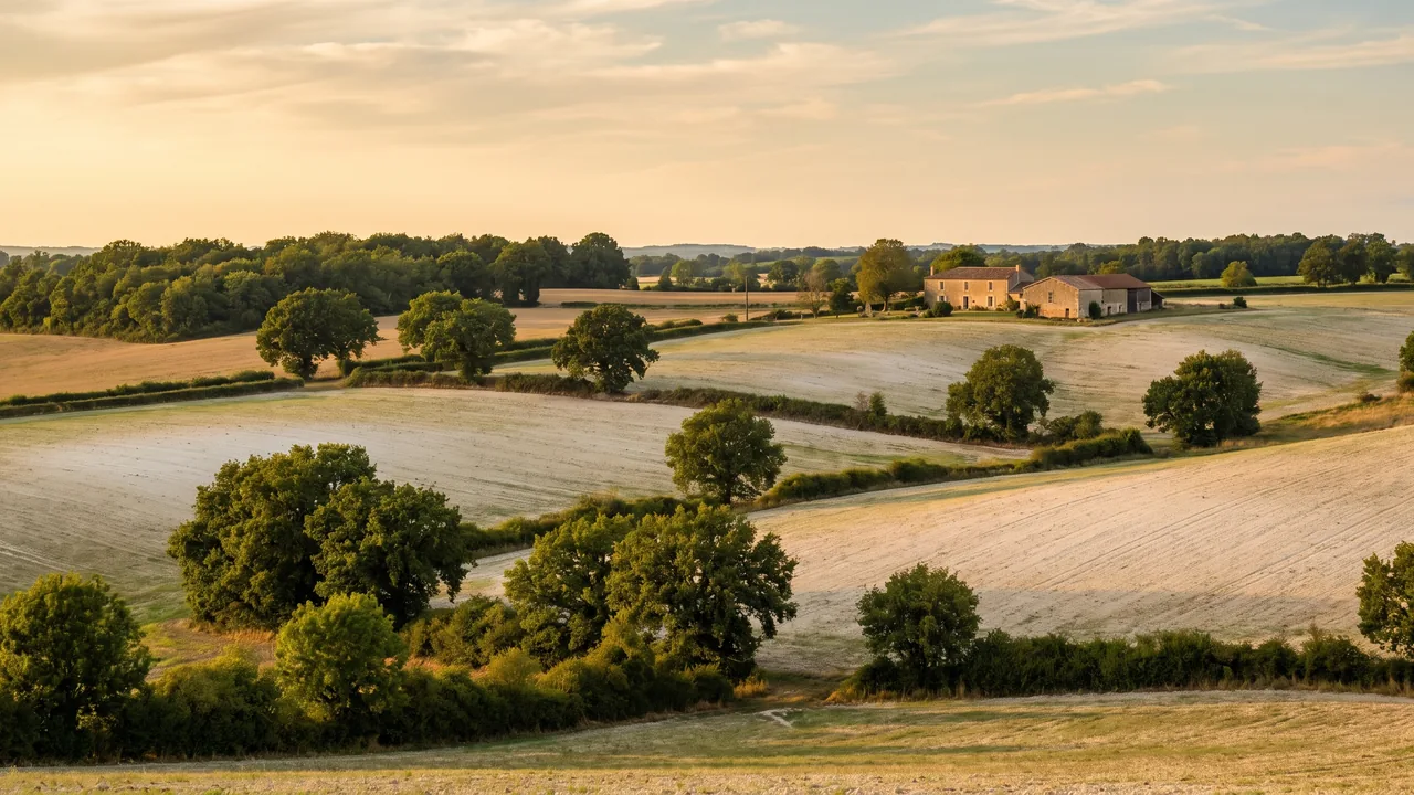 Campagne vallonnée du Mellois près de Chef-Boutonne, champs de terre claire, haies et bosquets sous un ciel doux