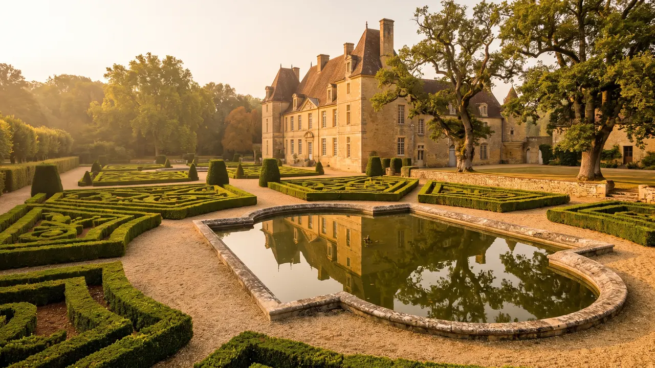 Jardins du château de Javarzay à Chef-Boutonne, haies taillées, allées et pièce d'eau bordée de pierre