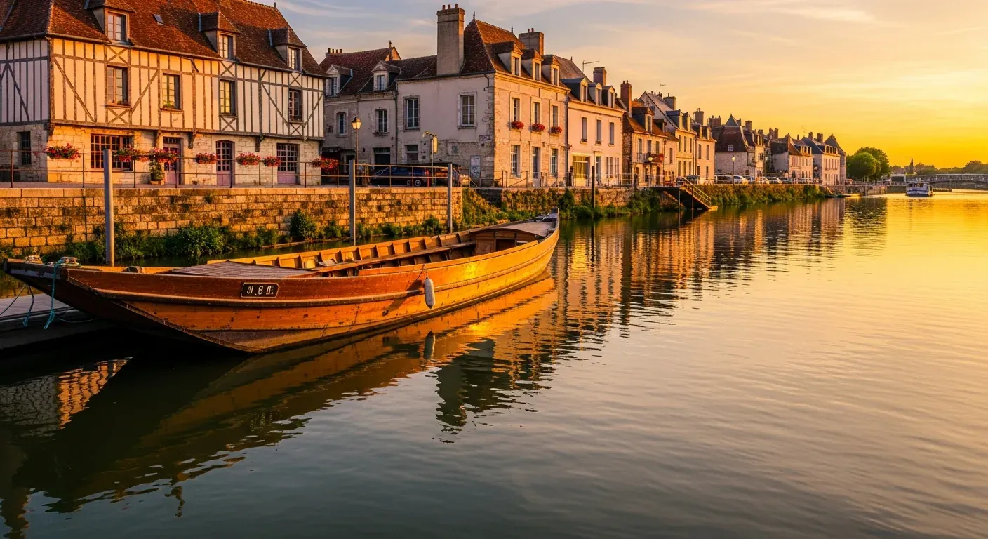Barque traditionnelle traversant la Charente à Cognac au lever du jour
