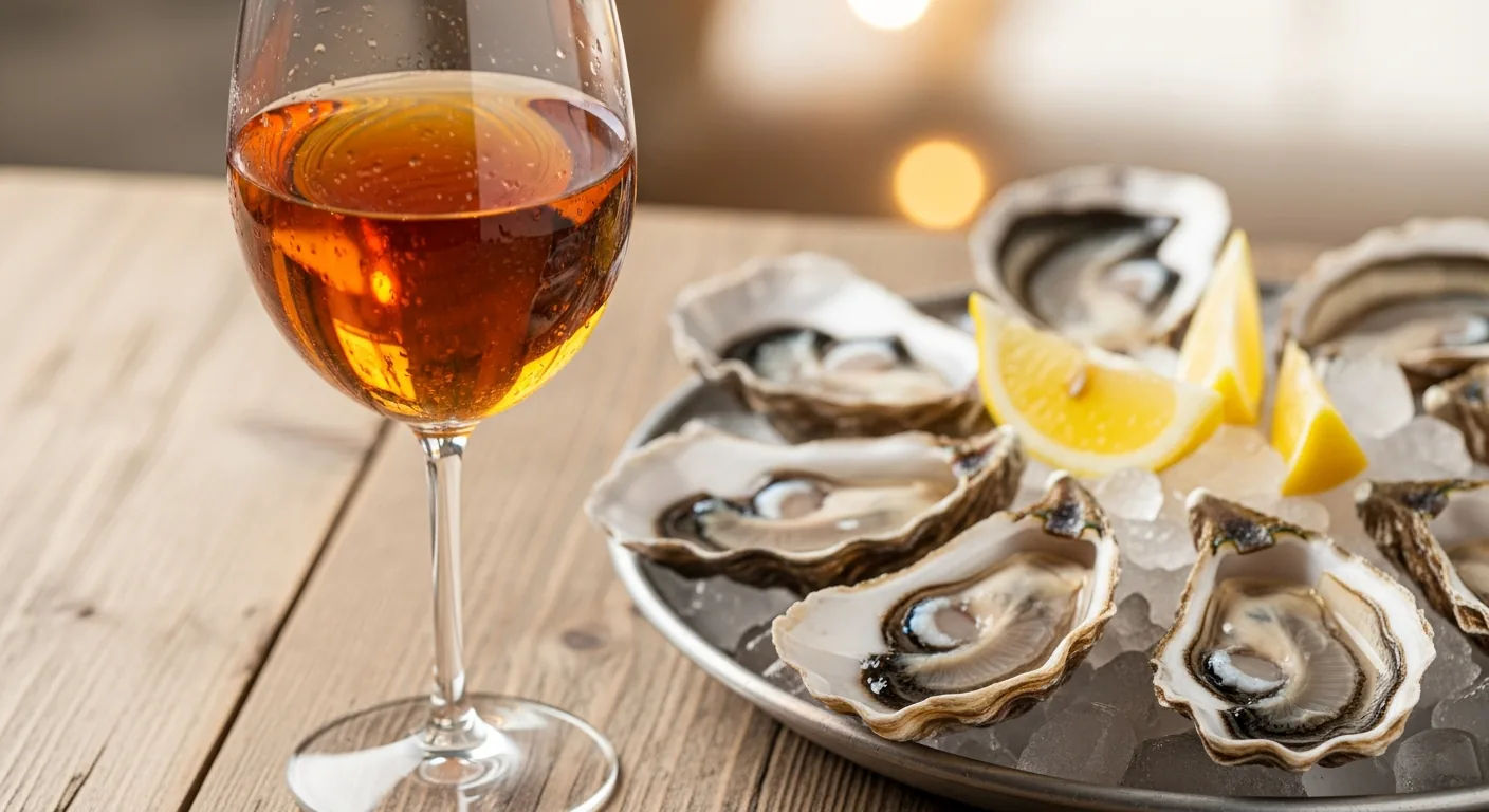 Verre de Pineau des Charentes, huîtres de Marennes-Oléron, cagouilles, sur planche en bois