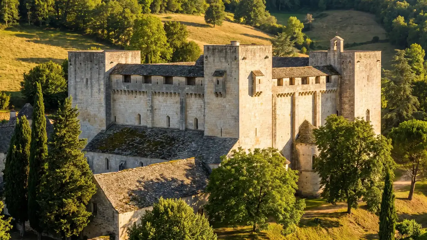 Chevet et transept fortifiés d'une abbatiale romane aux murs surélevés en postes de guet, bretèches et toits de lauzes